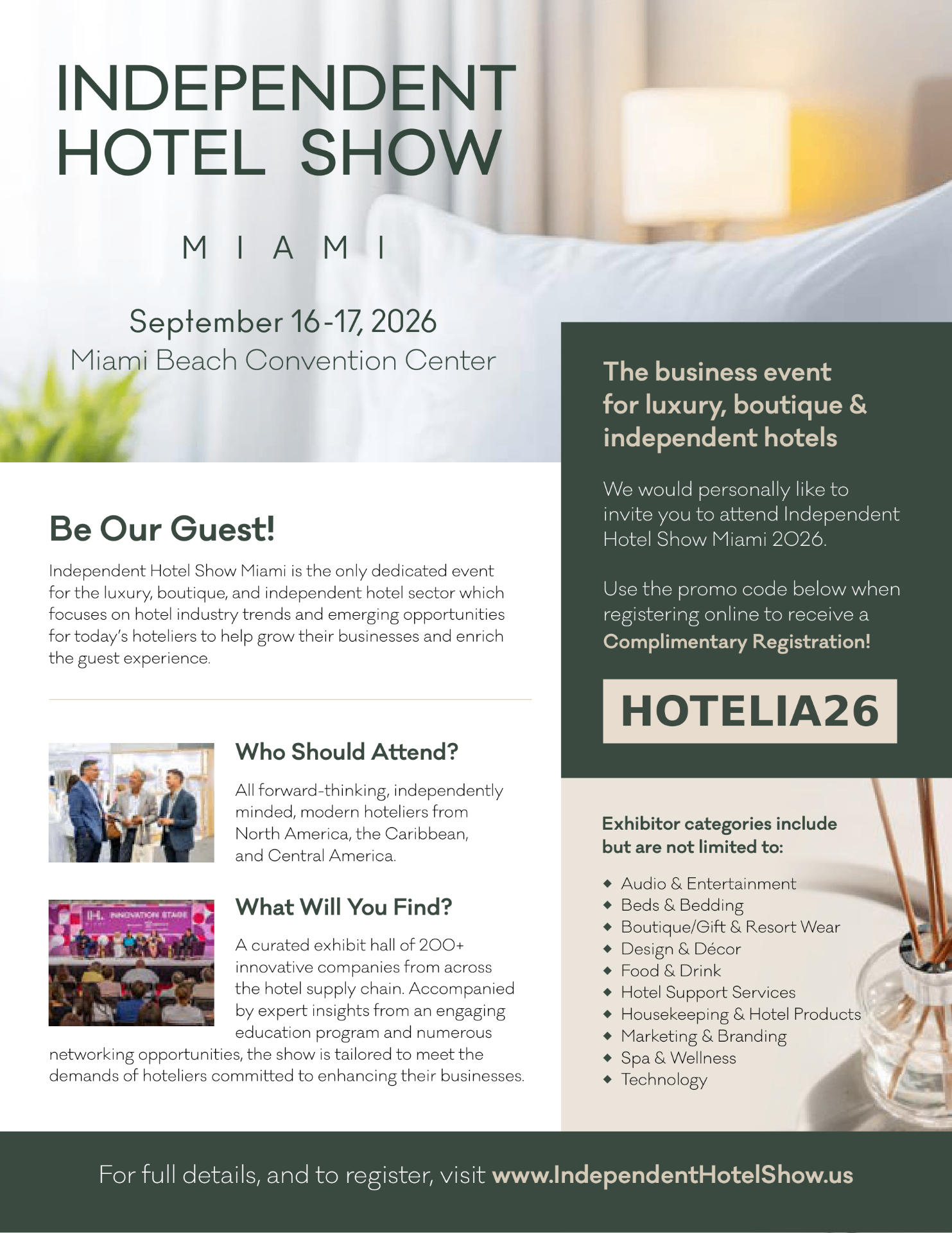 Independent Hotel Show Miami 2026 official exhibitor invitation featuring promo code HOTELIA26 for complimentary registration
